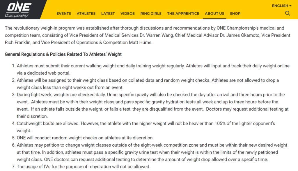 One FC's Weight Requirements, as per their website