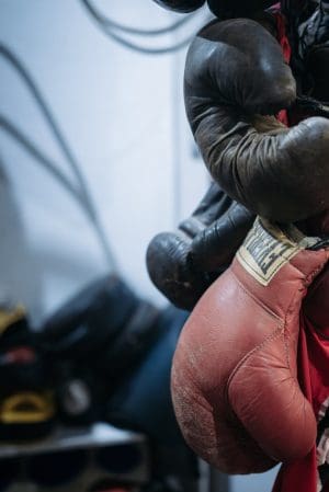 old red and black boxing gloves
